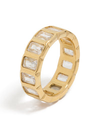 Featuring a waterproof gold plated stainless steel band ring with cubic zirconia in clear tone side detail view - link has visual effect only