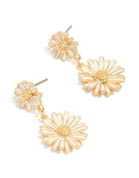 Gold Plated White Enamel Double Daisy Drop Earrings - link has visual effect only