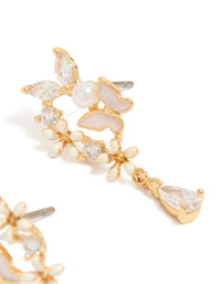 Gold Plated Cubic Zirconia & Pink Enamel Butterfly Cluster Drop Earrings - link has visual effect only
