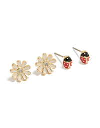 Discover this stud style 2-pack featuring animal ladybug and floral design with enamel, crystal, cubic zirconia materials in gold plated finish front view - link has visual effect only