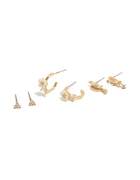 Gold Plated Cubic Zirconia Flower & Half Butterfly Earrings 3- Pack - link has visual effect only