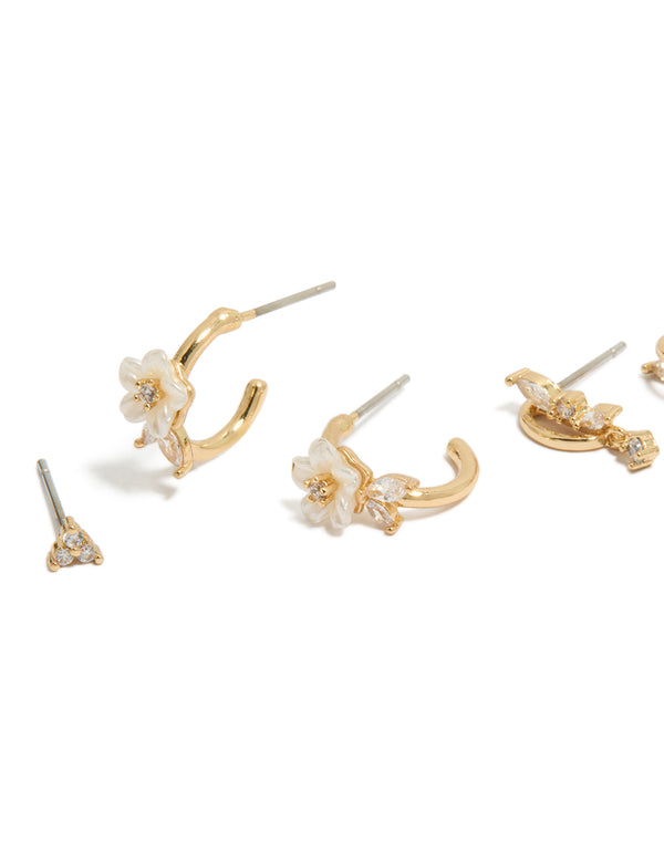 Gold Plated Cubic Zirconia Flower & Half Butterfly Earrings 3- Pack