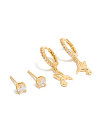 Showcasing gold plated cubic zirconia stud and bird huggie earrings 2-pack front view - link has visual effect only