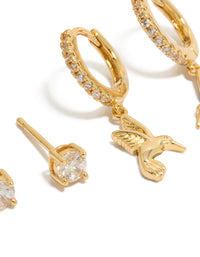 Featuring gold plated cubic zirconia stud and bird huggie earrings 2-pack close up view - link has visual effect only
