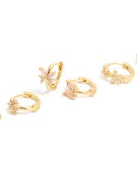 Gold Plated Cubic Zirconia Flower Huggie Earrings 3-Pack - link has visual effect only