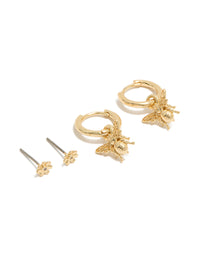 Discover this gold plated micro flower studs and bumblebee huggie earrings 2-pack huggie closures front view - link has visual effect only