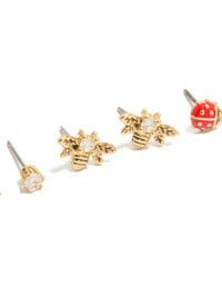 Gold Plated Cubic Zirconia Bee & Ladybug Stud Earrings 3-Pack - link has visual effect only