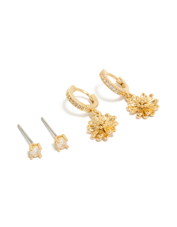 Gold Plated Cubic Zirconia  Studs & Sunflower Huggie Earrings 2-Pack