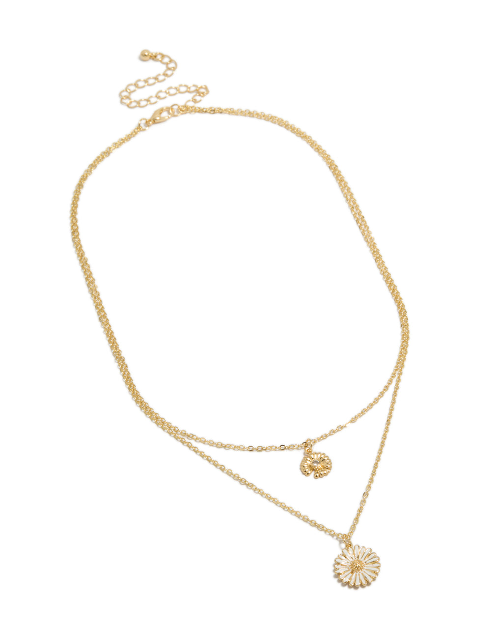 Elegant gold plated cubic zirconia daisy floral layered necklace in white enamel and dainty styling front view