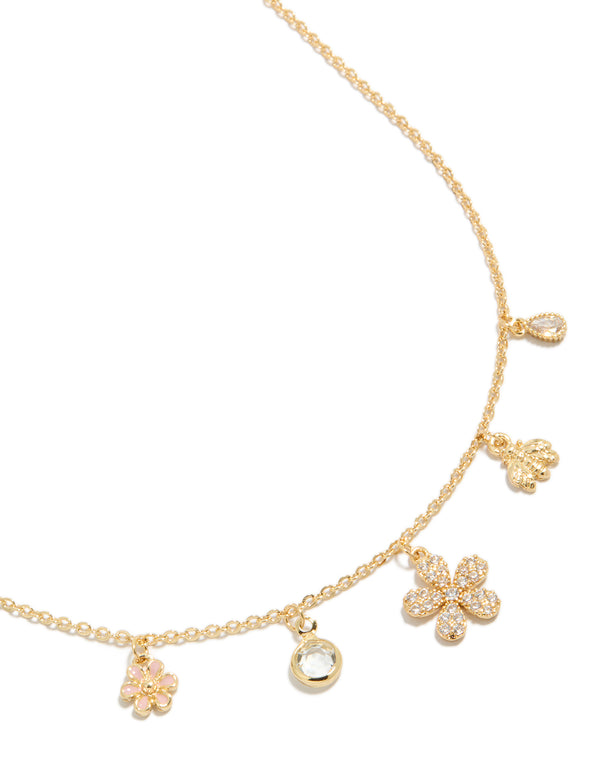 Gold  Plated Cubic Zirconia Flower Charm Necklace