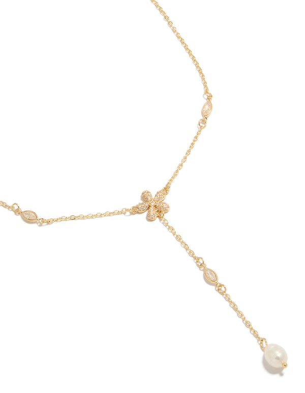 Gold Cubic Zirconia Freshwater Pearl & Flowers Y-Necklace