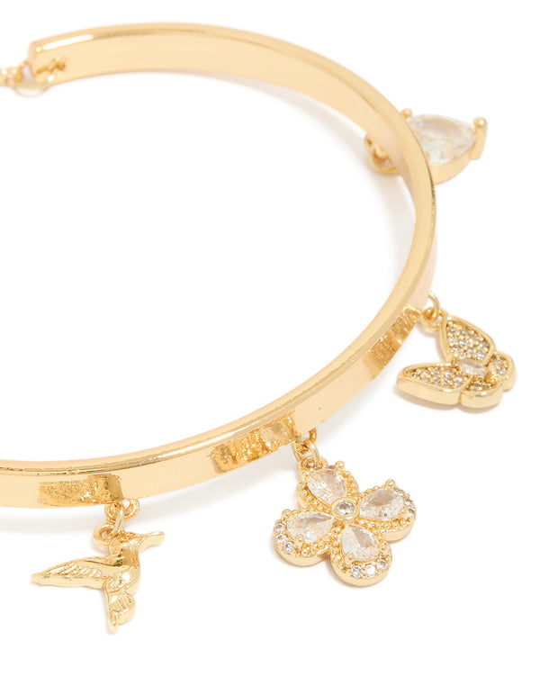 Gold Plated Cubic Zirconia  Bird & Flowers Charm Toggle Bangle