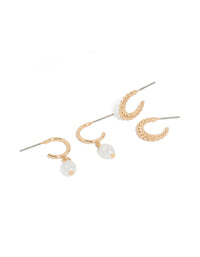 Elegant gold pearl hoop earrings in a 2-pack front view - link has visual effect only