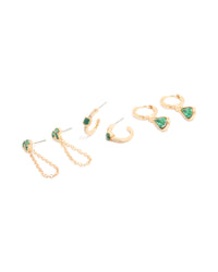 Showcasing gold green diamante chain and huggie earrings in a 3-pack front view - link has visual effect only