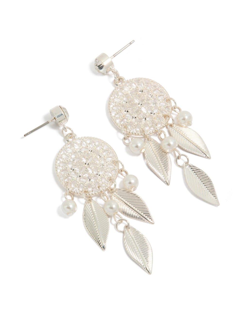Showcasing Silver Diamante Pearl Dreamcatcher Earrings featuring charm and feathers in ivory tones front view