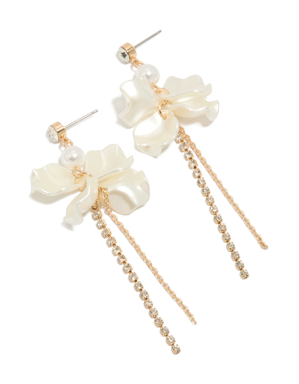 Showcasing gold diamante and pearl floral drop earrings with ivory petals featuring a front view