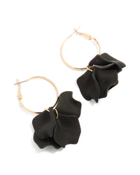 Statement gold hoop earrings featuring black acrylic petal drops front view - link has visual effect only