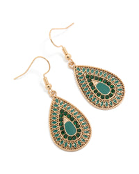Showcasing gold green diamante teardrop filigree drop earrings with statement style front view - link has visual effect only