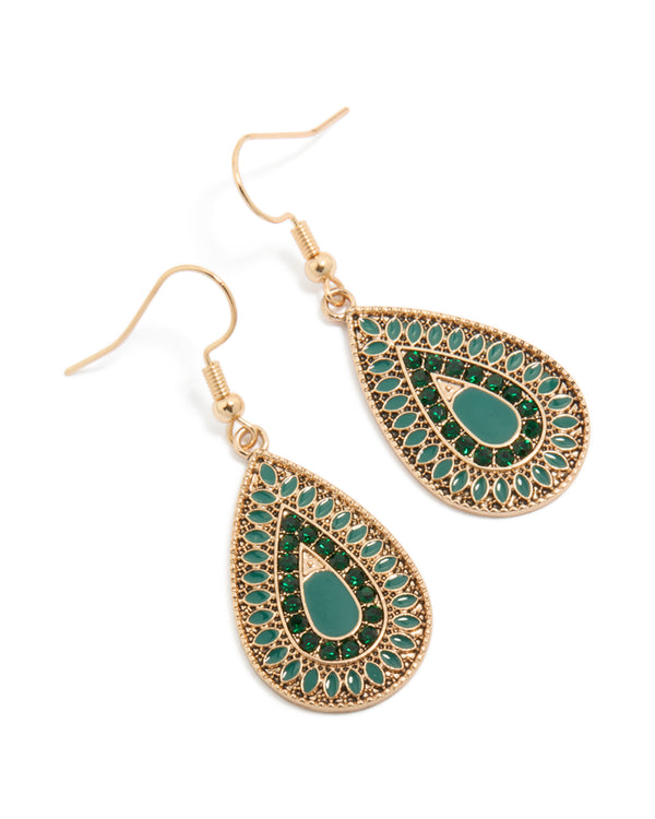 Showcasing gold green diamante teardrop filigree drop earrings with statement style front view