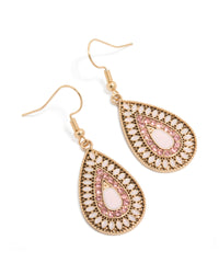 Statement gold teardrop filigree drop earrings featuring pink diamante accents front view - link has visual effect only