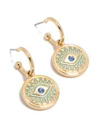 Showcasing dainty gold evil eye pendant huggie earrings featuring huggie closure in turquoise dodgerblue accents front view - link has visual effect only