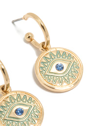 Designed with gold, this dainty evil eye pendant huggie earrings features turquoise dodgerblue accents post detail view - link has visual effect only