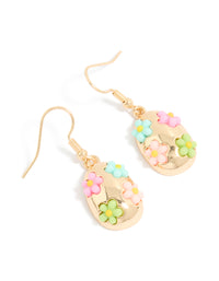 Showcasing teardrop earrings with multicoloured floral feature in gold front view - link has visual effect only
