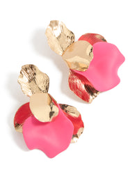 Showcasing statement stud earrings featuring floral design in hot pink and coral with gold accents front view - link has visual effect only