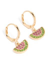 Showcasing gold diamante watermelon charm huggie earrings featuring fruit accents in hot pink and lime green front view - link has visual effect only