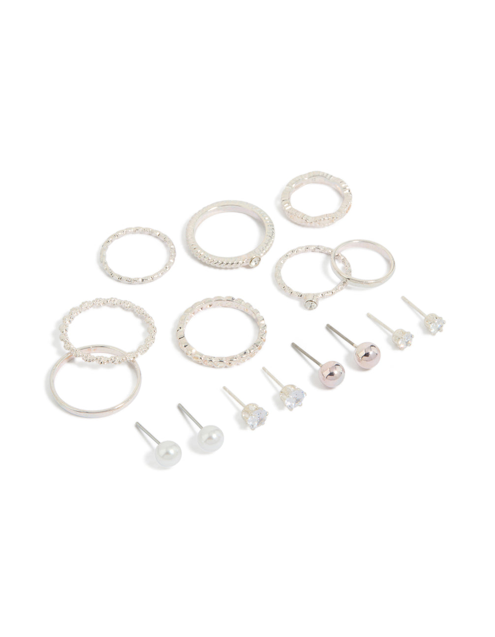 Showcasing a stud earrings featuring pearl and ball designs, along with rings in a 12-piece set with a silver finish front view