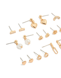 Showcasing gold mixed diamante stud earrings 12 pack with bar,heart, pearl and star designs and stud closure close up view - link has visual effect only