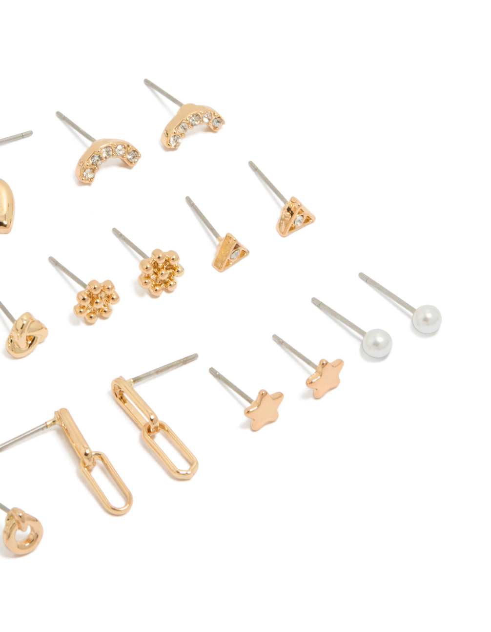 Explore gold mixed diamante stud earrings 12 pack in bar, heart, pearl and star styles with closure post detail view