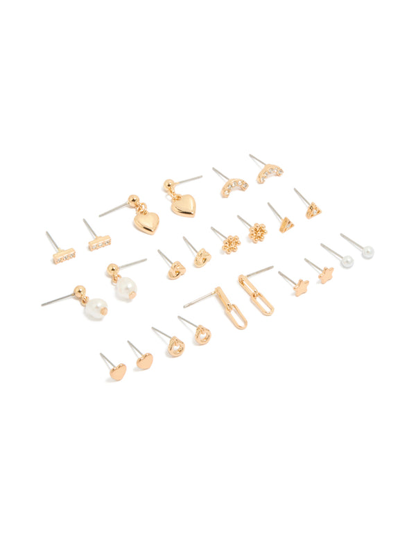 Discover gold mixed diamante stud earrings 12 pack featuring bar, heart, pearl and star designs with stud closure front view