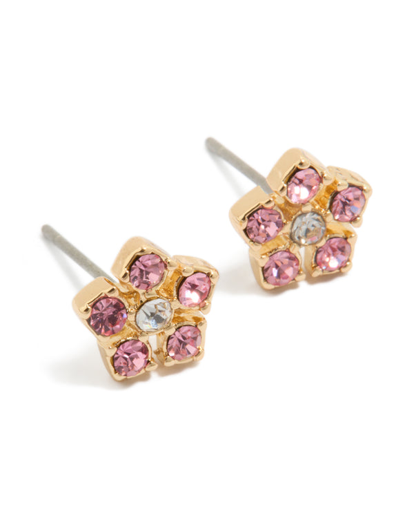Beautifully crafted flower stud earrings featuring with pink diamante stones in gold front view