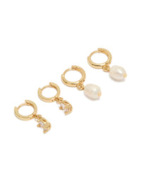 Gold Plated Cubic Zirconia & Pearl Huggie Earrings 2-Pack - link has visual effect only