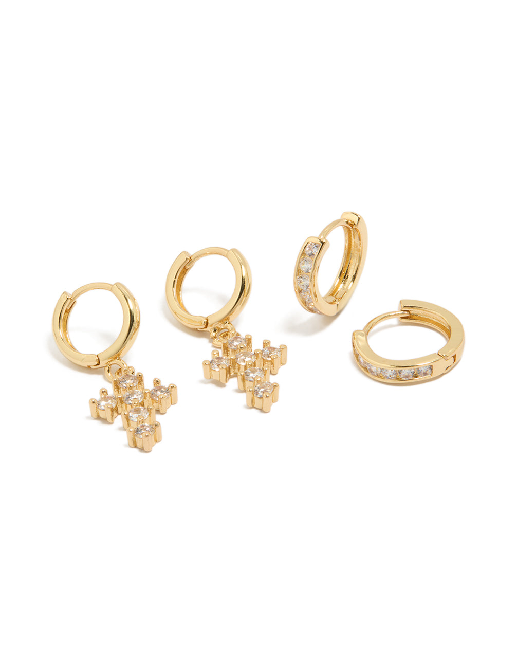 Discover gold plated brass huggie earrings featuring cubic zirconia stones and cross in a 2-pack front view