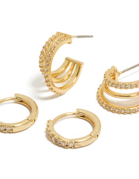 Gold Plated Cubic Zirconia Huggies & Illusion Hoop Earrings 2-Pack - link has visual effect only