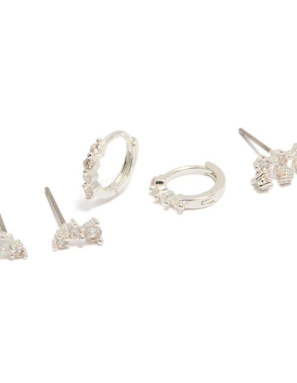 Silver Plated Cubic Zirconia Mini Trio Stud & Huggie Earrings 3-Pack