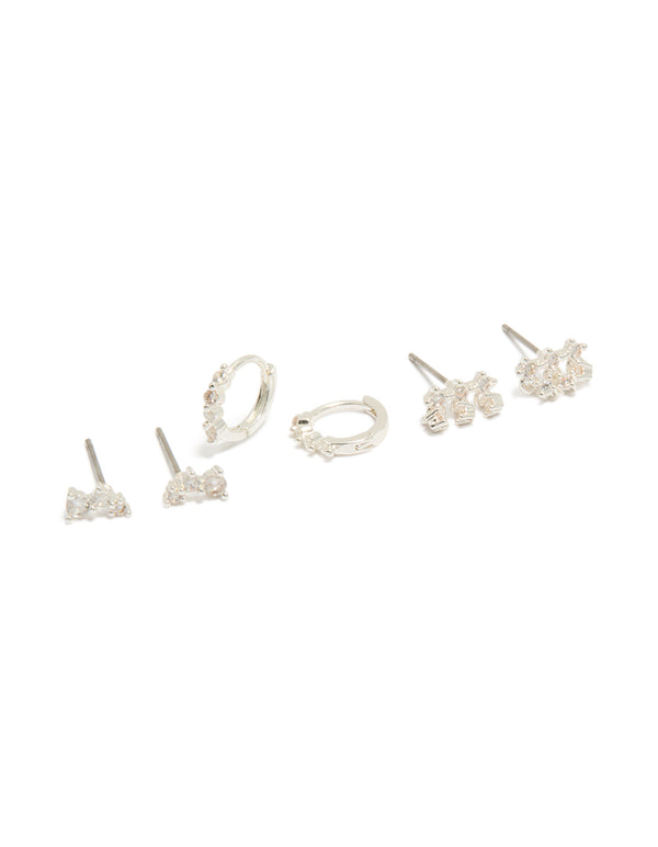 Silver Plated Cubic Zirconia Mini Trio Stud & Huggie Earrings 3-Pack