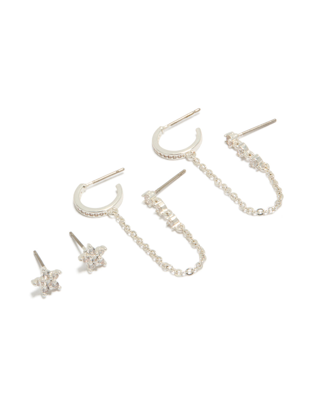 Featuring dainty with floral, cubic zirconia stones, and stud hoop closures in silver plated mini pack front view