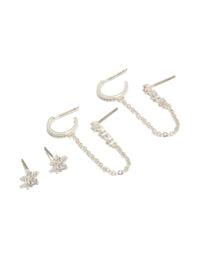 Silver Plated Cubic Zirconia Floral & Chain Mini Earrings Pack - link has visual effect only