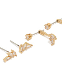 Elegant gold plated cubic zirconia vine and ear jacket studs in a 3-pack featuring leaf design with marquise stone cut and stud closure close up view - link has visual effect only