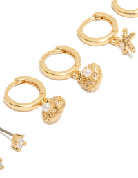 Gold Plated Cubic Zirconia Studs & Mini Starfish Huggie Earrings 3-Pack - link has visual effect only
