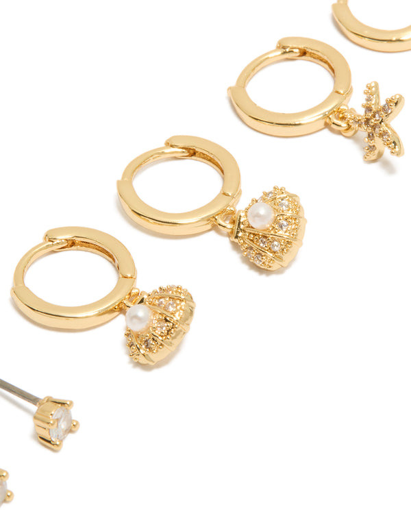 Gold Plated Cubic Zirconia Studs & Mini Starfish Huggie Earrings 3-Pack