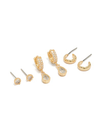 Showcasing gold plated cubic zirconia pear huggie and stud earrings in a 3-pack front view - link has visual effect only