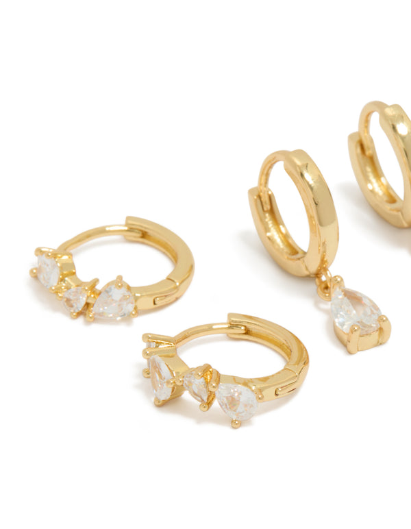 Gold Plated Pear Cubic Zirconia Huggie & Stud Earrings 3-Pack