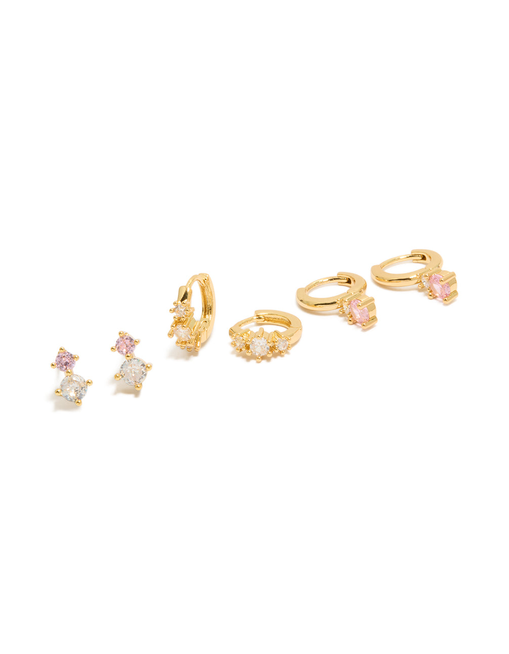 Showcasing gold plated mini stud and huggie earrings in a 3-pack with crystal cubic zirconia stones front view