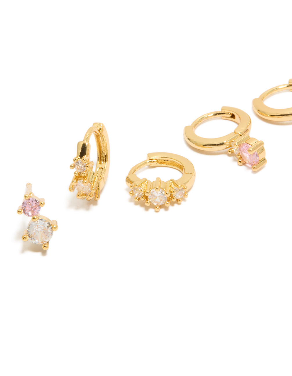 Designed with gold plated double cubic zirconia mini studs and huggie earrings in a 3-pack close up view