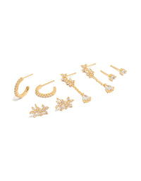 Gold Plated Cubic Zirconia Flower Studs & Chain Drop Earrings 4-Pack - link has visual effect only
