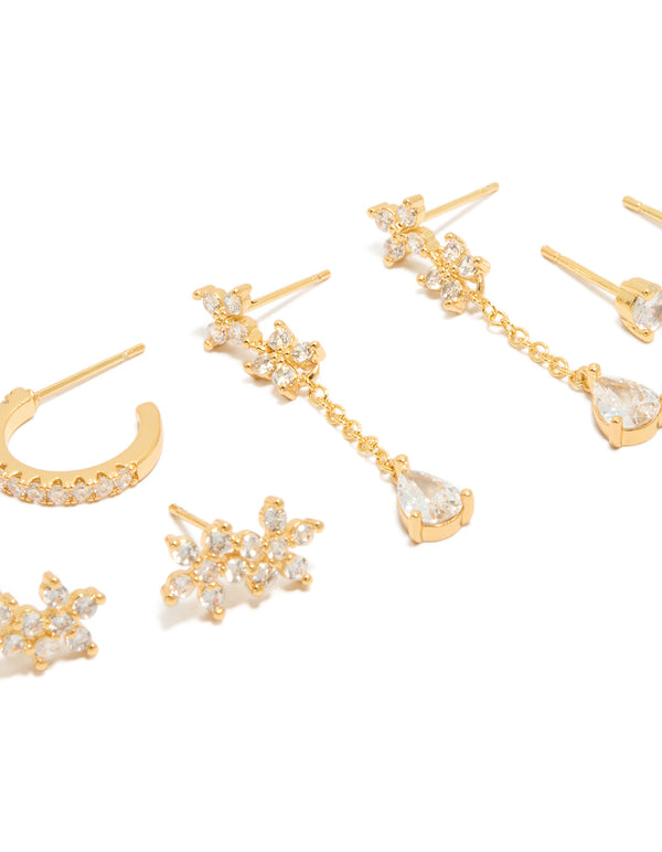 Gold Plated Cubic Zirconia Flower Studs & Chain Drop Earrings 4-Pack